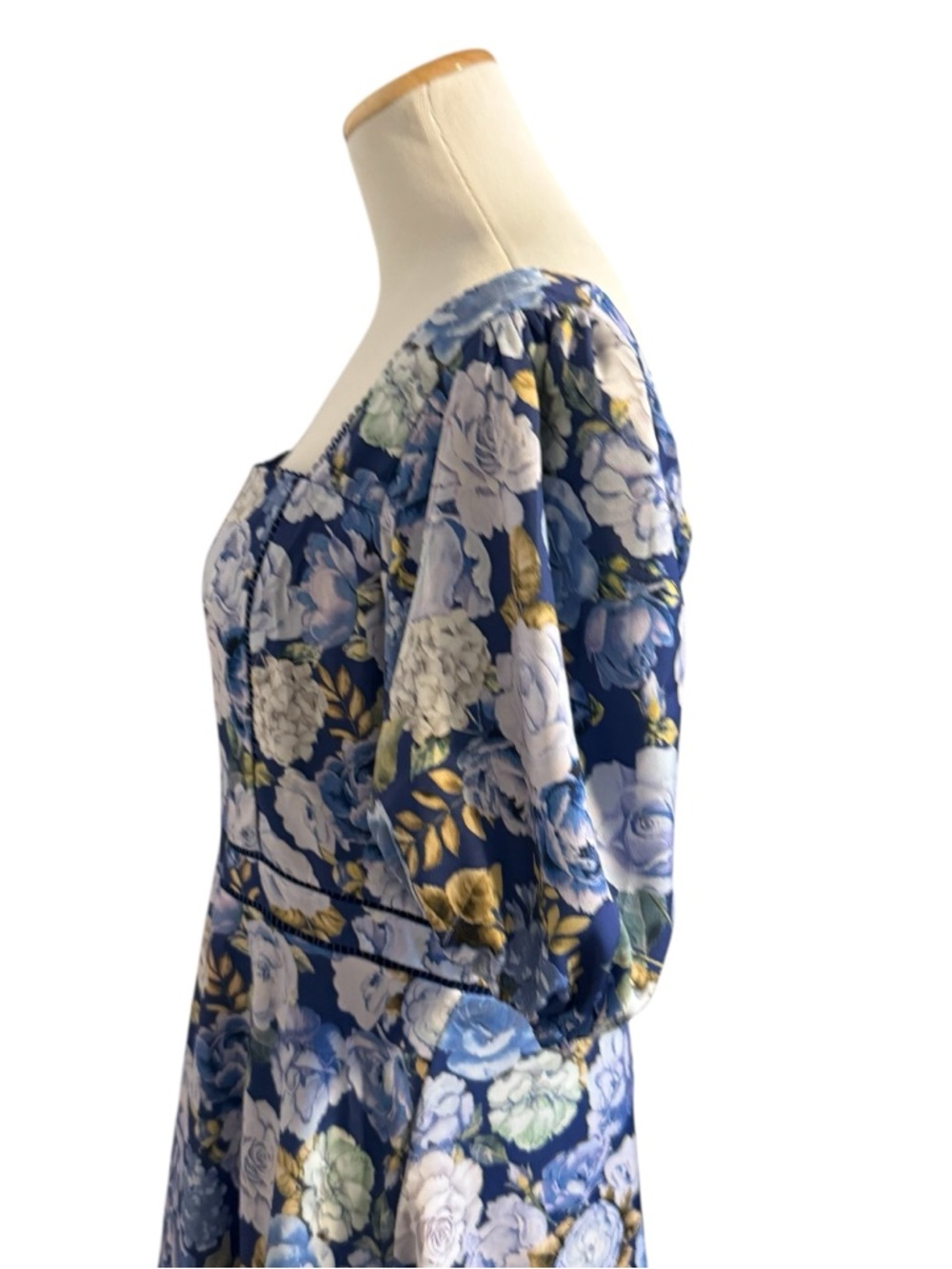 Rachel Parcell Puff Sleeve Blue Floral Lace-Trim Midi Dress - Picture 7 of 13